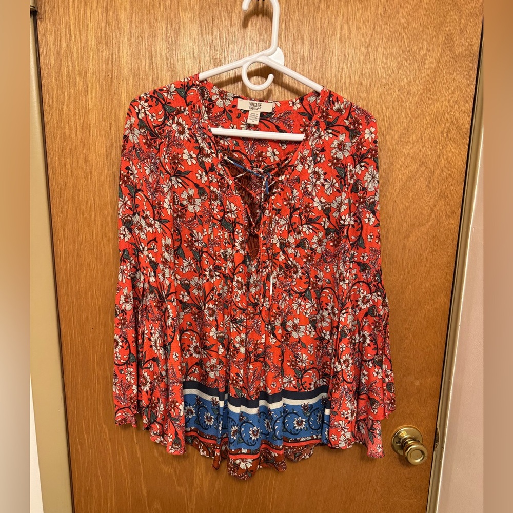 Vintage America Red Floral Tie-Front Peasant Blouse with Blue Trim